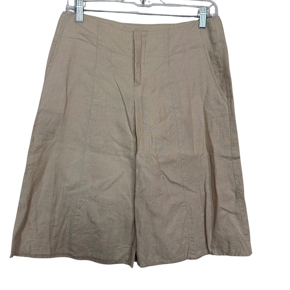 Black Halo Linen Metallic Gold Cream High Waist Flowy Midi Gaucho Shorts Size 4